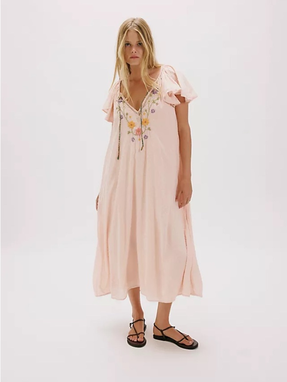 Free People Savannah Rose Pink Embroidered Flutter-Sleeve Midi Dress